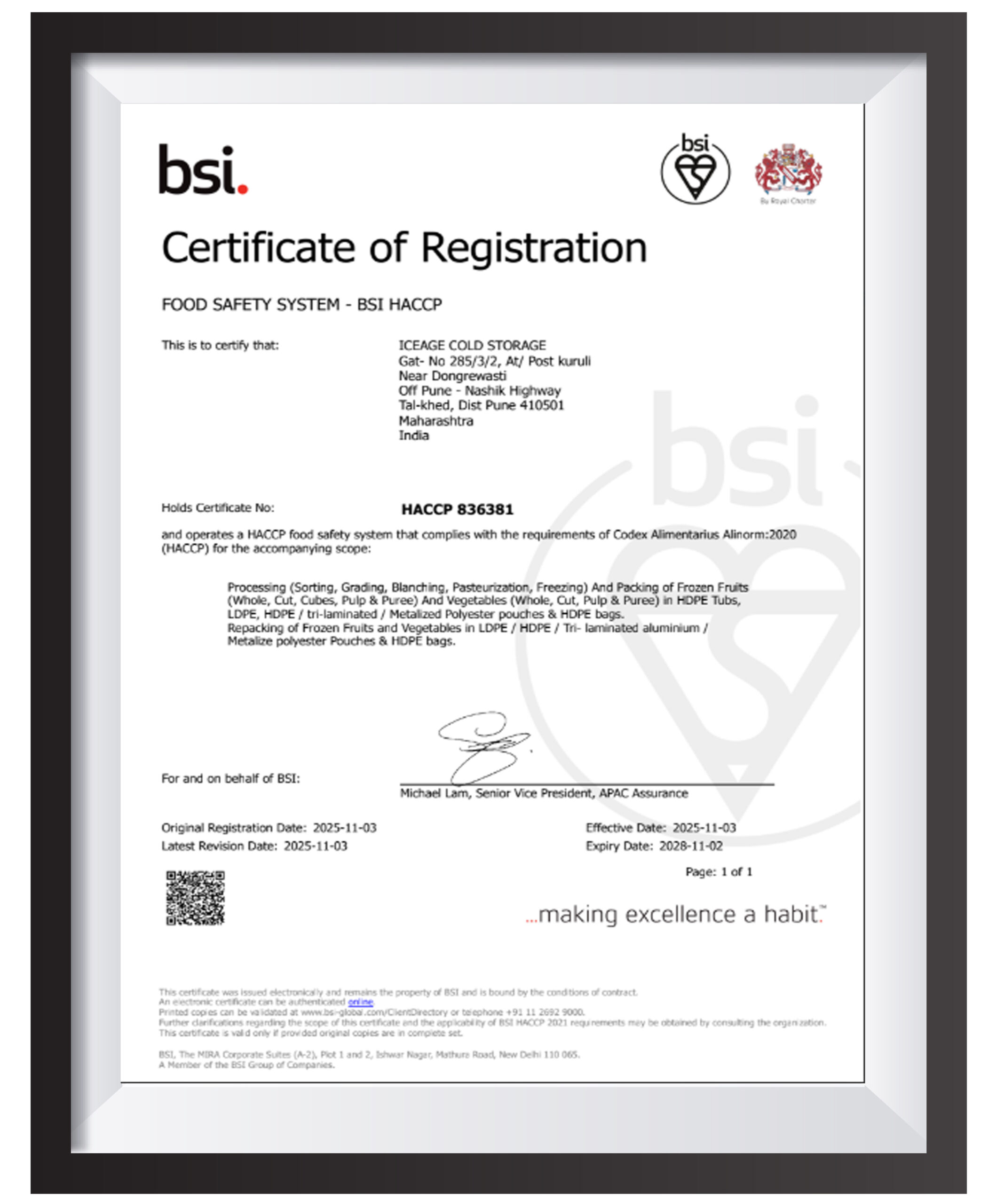 FrozenAge quality assurance certificate